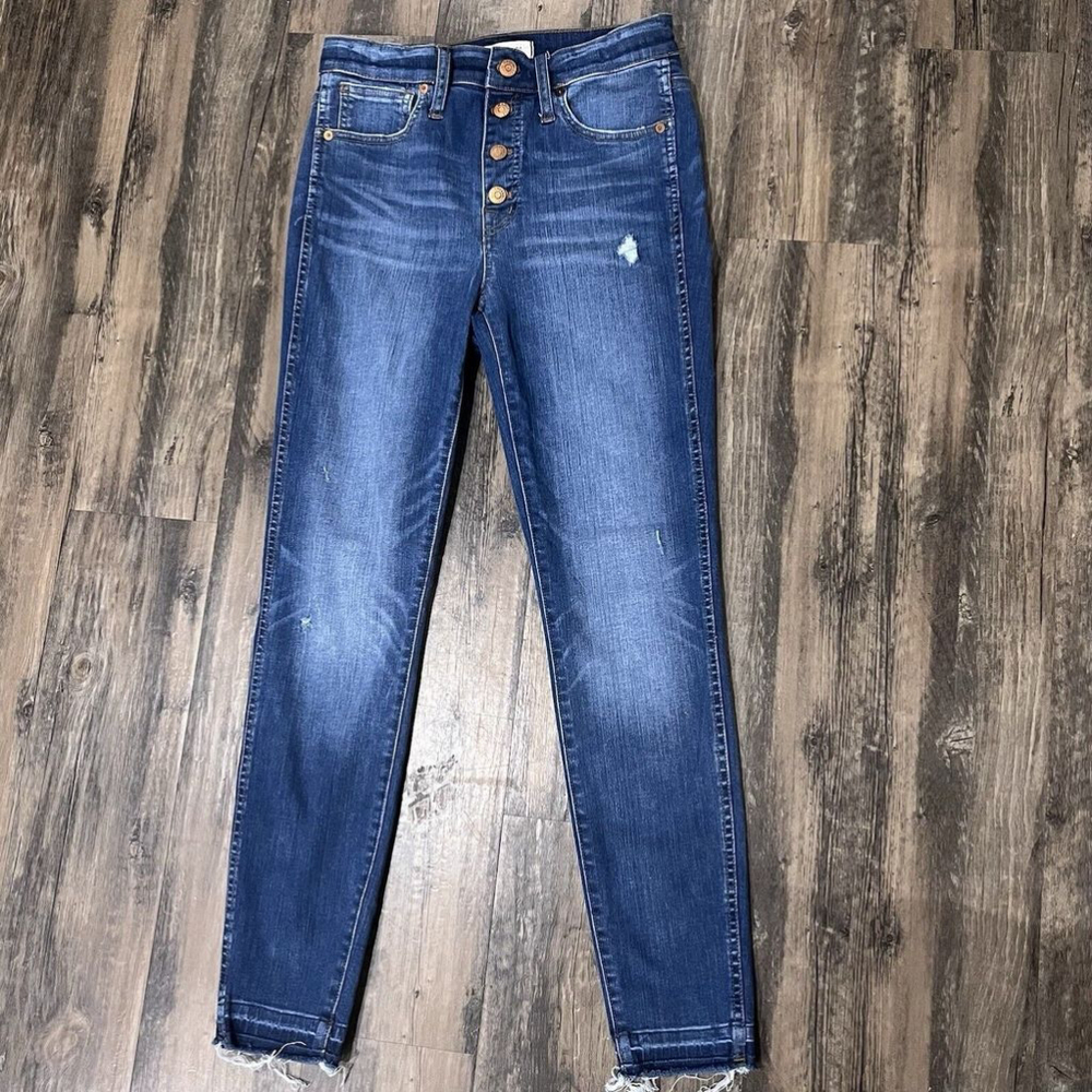 Madewell Button Fly 10” High-Rise Skinny Jeans- Semi Raw Him- Distressed- Sz 27